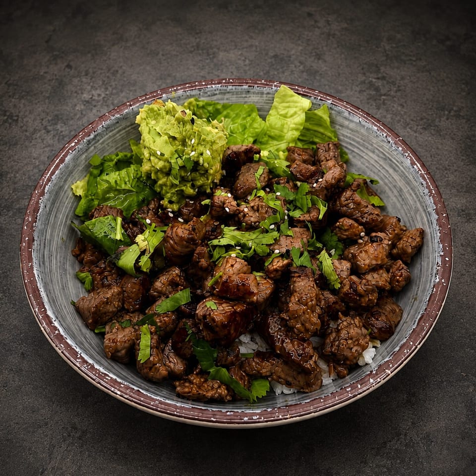 A bowl of beef and rice, topped with guacamole, lettuce, and cilantro.