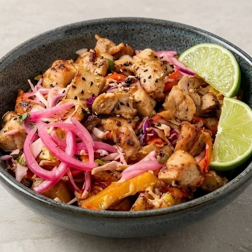 Grilled chicken bowl with pickled onions, cabbage, sesame seeds, and lime wedges.