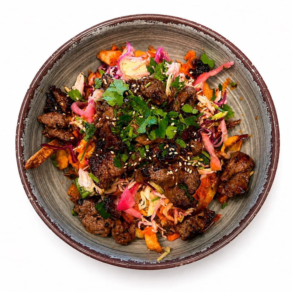 A bowl of Korean BBQ beef with kimchi, pickled onions, and cilantro, garnished with sesame seeds.