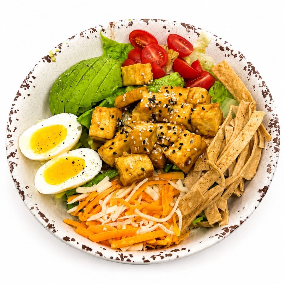 A colorful salad bowl with tofu, avocado, cherry tomatoes, hard-boiled eggs, and tortilla strips.