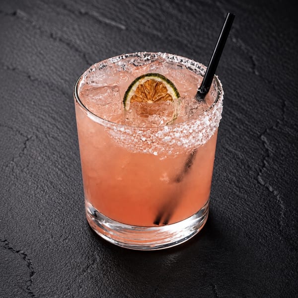 A pink cocktail with ice, a dried lime slice, a black straw, and a salt rim on a dark textured surface.